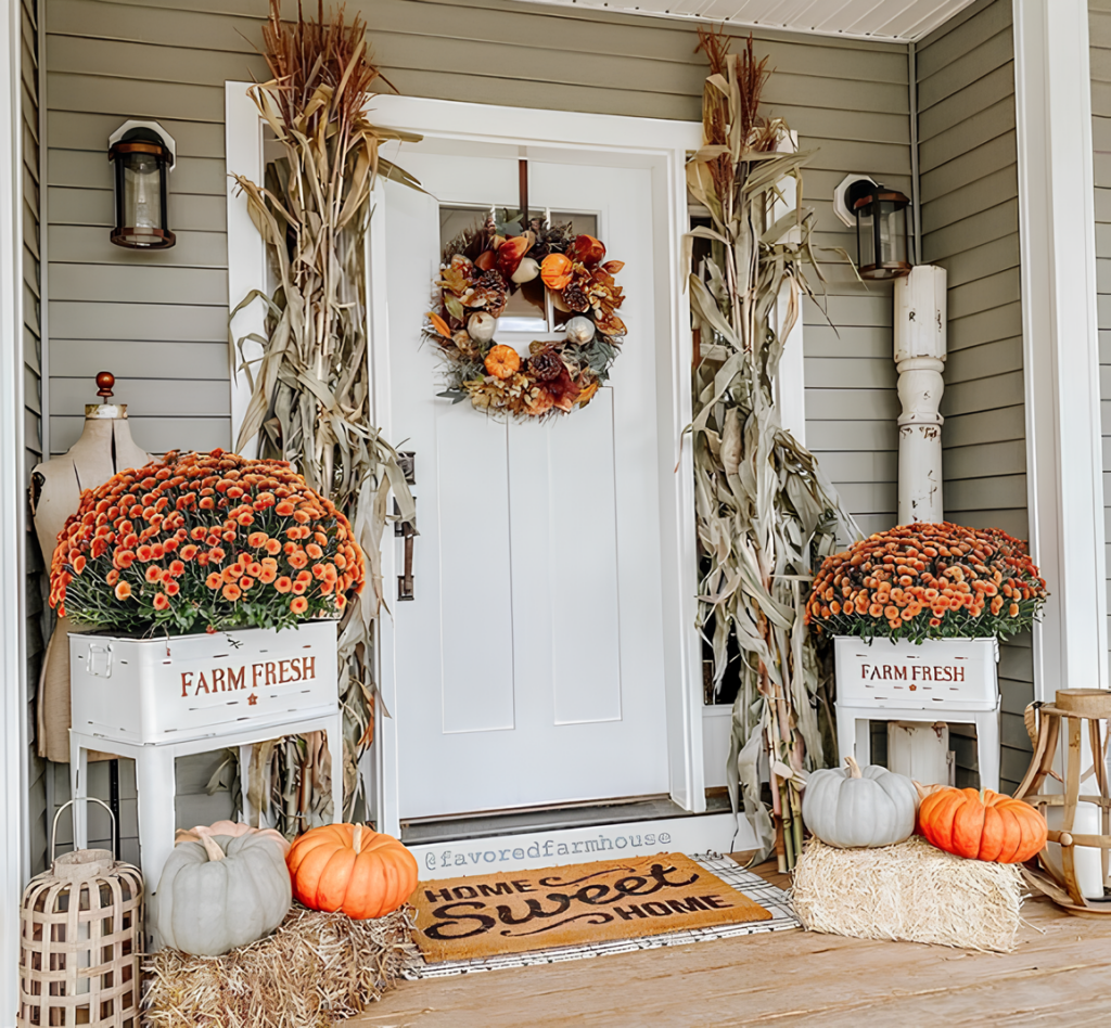 White farmhouse-style front door with autumn wreath, flanked by colorful mums and pumpkin displays.