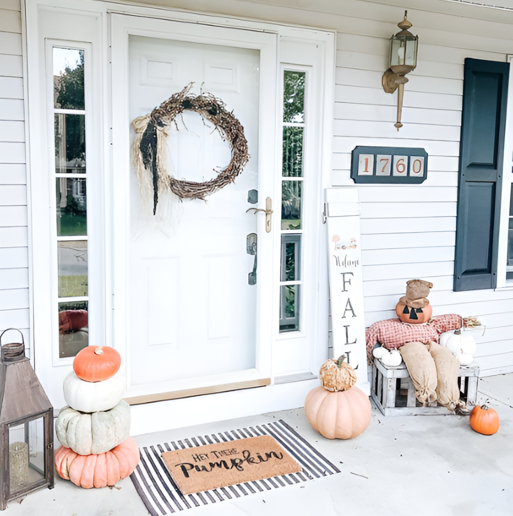 White front porch with simple fall decorations including pumpkins and a wreath.