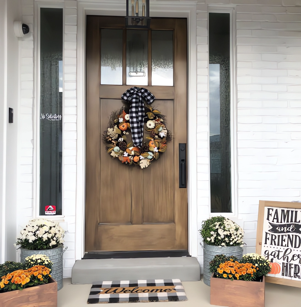 Wooden front door with fall wreath, flanked by potted mums and pumpkins, with a "Welcome" doormat