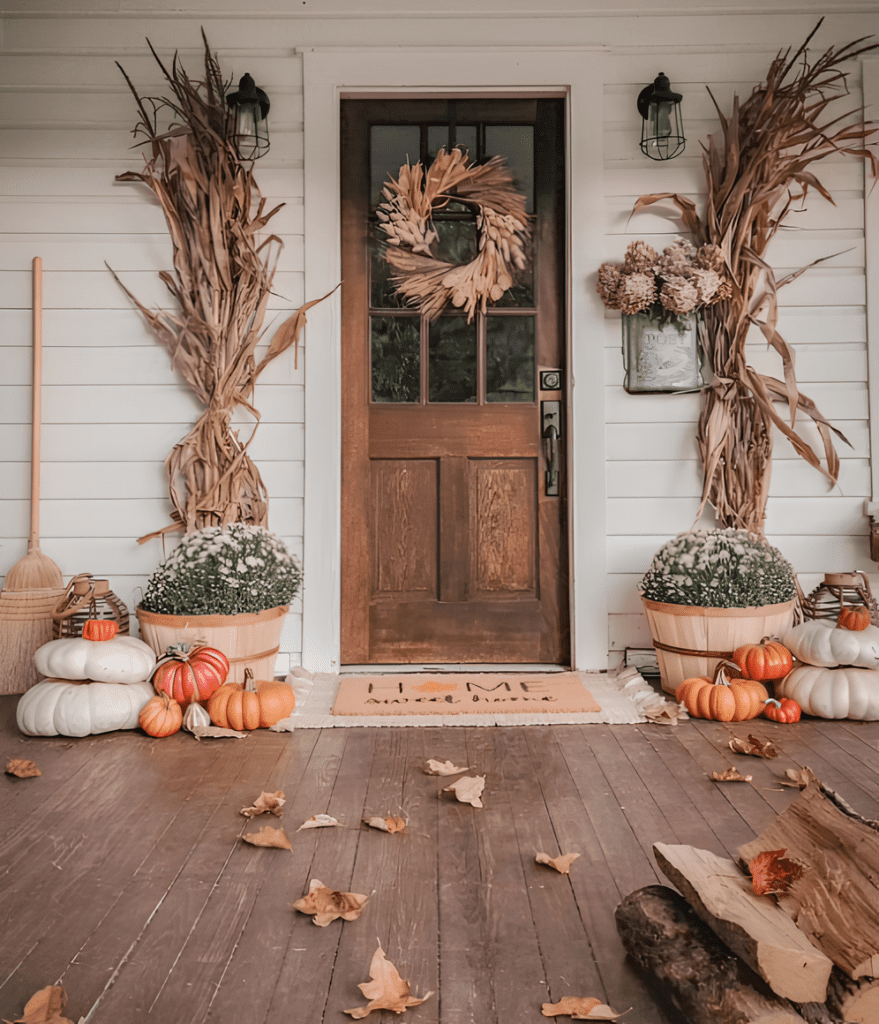 Front porch decorated for fall with corn stalks on each side of the door and a wreath made of dried leaves, variety of pumpkins on the floor