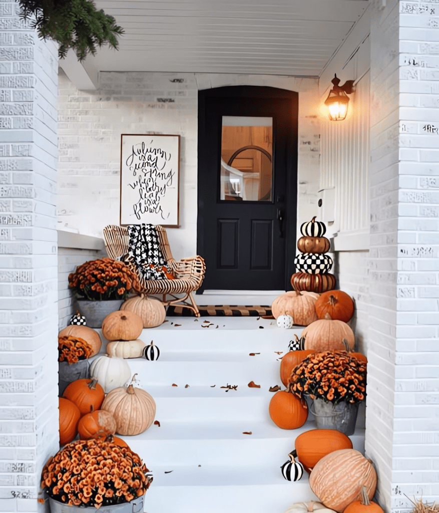 A festively decorated front porch with pumpkins, mums, and fall decor
