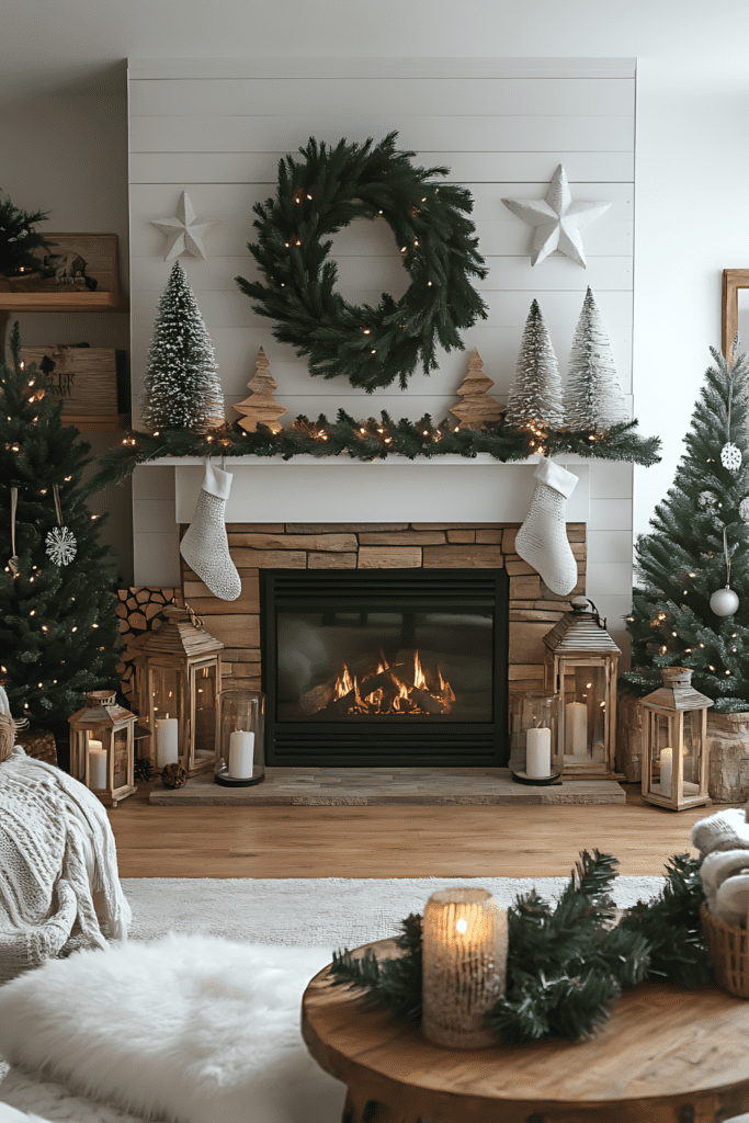 Scandinavian Christmas mantel with wreath and wooden accents.