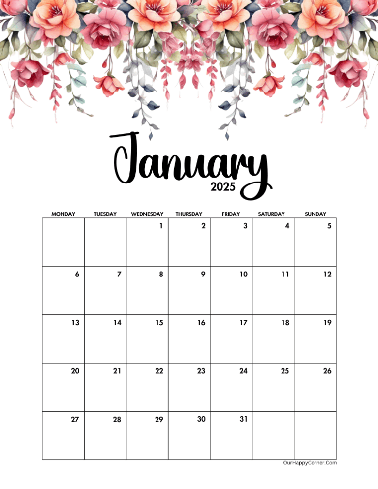 January 2025 Calendar Free Printables - Our Happy Corner