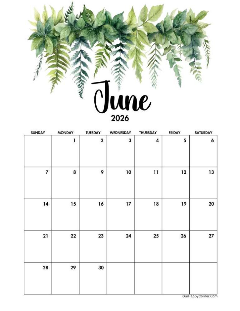 Free Printable June 2026 Calendar - Our Happy Corner