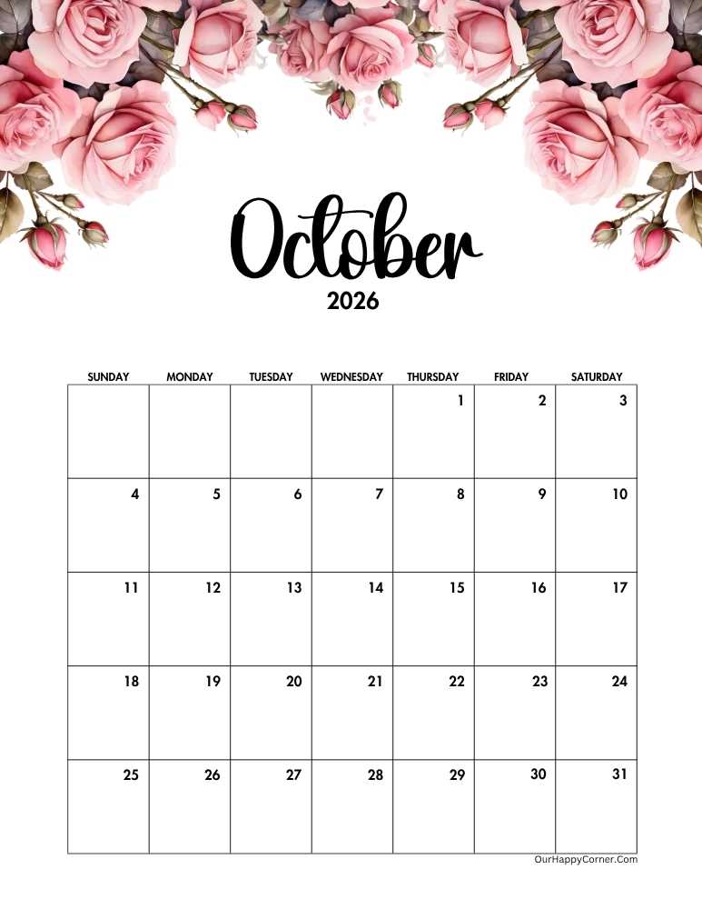 Pink roses monthly calendar October
