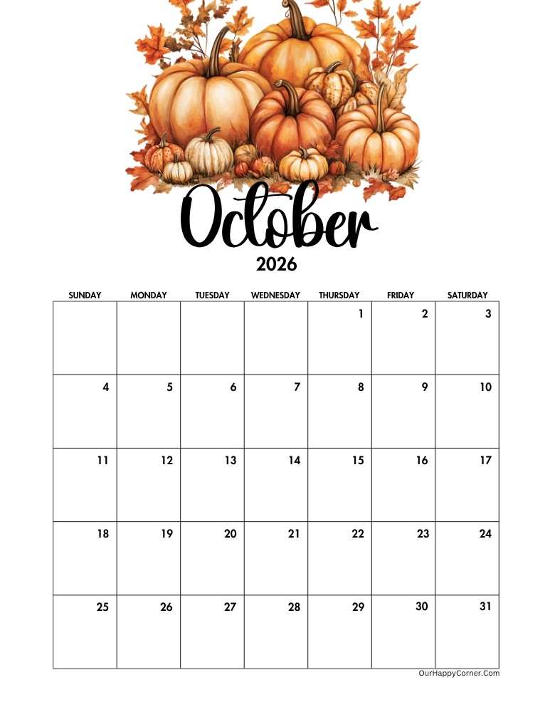 Watercolor pumpkin patch October 2026 calendar