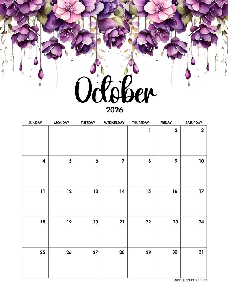 Watercolor floral October calendar 2026
