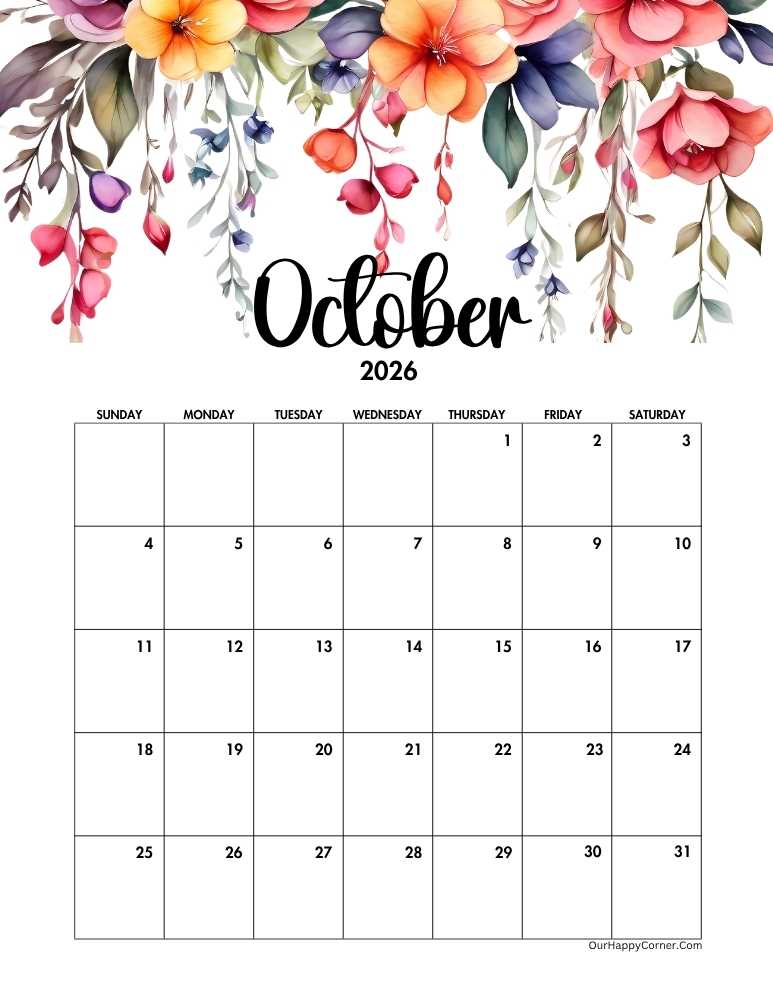 Watercolor floral October calendar 2026