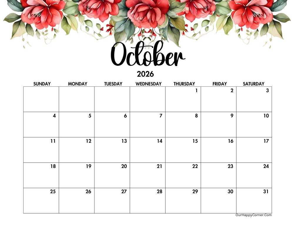 Red floral autumn horizontal calendar