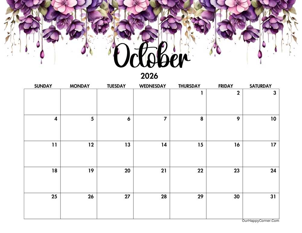Floral horizontal October 2026 calendar