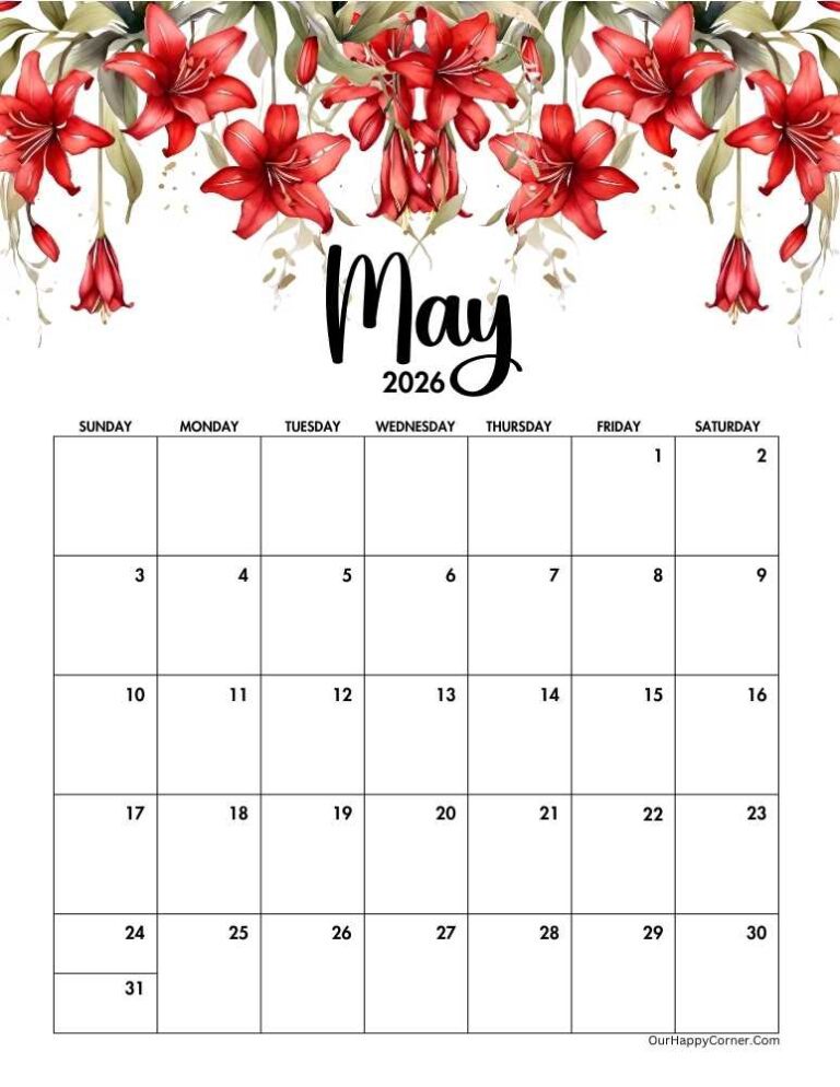 Free Printable May 2026 Calendar - Our Happy Corner