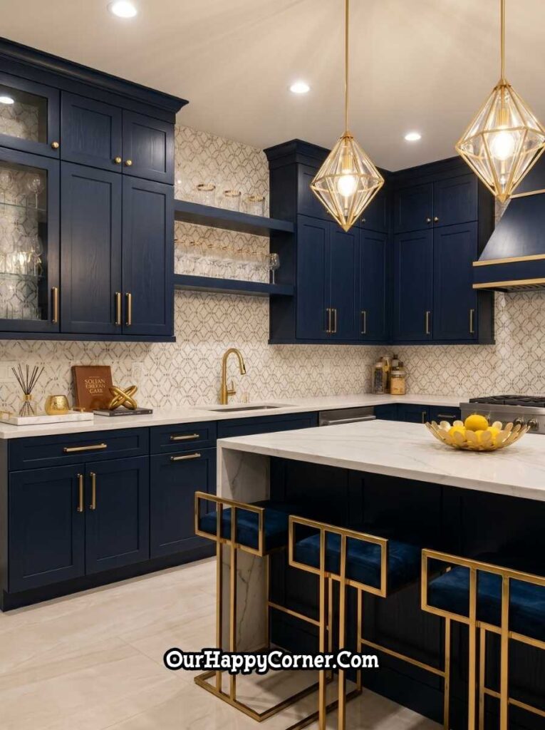 White Sandstone Mixed Metal Gold Kitchen Backsplash