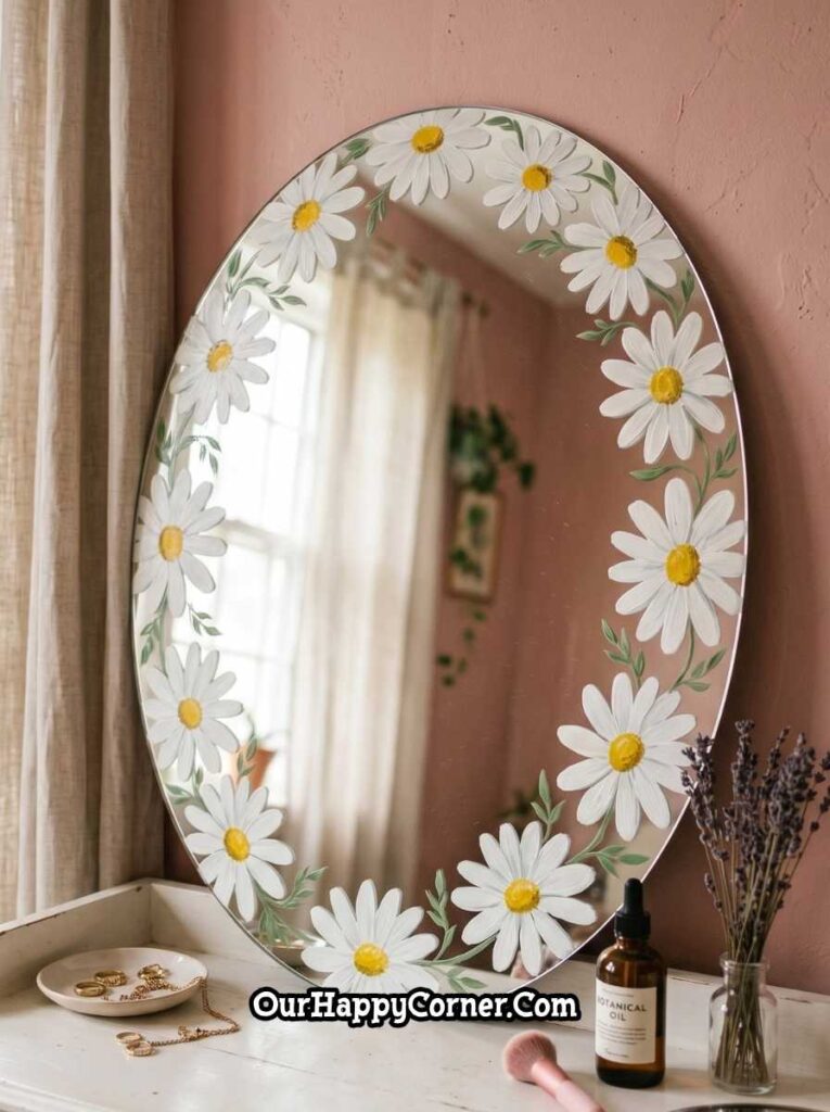 Oval mirror painting with white daisy flowers and green leaves arranged around the border on a vanity