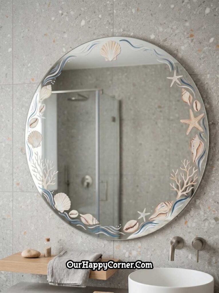 Seashells, starfish, coral, and soft blue wave lines forming a border