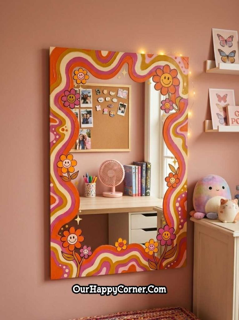 Bold orange, pink, and mustard wavy stripe frame and retro smiley face daisy flowers