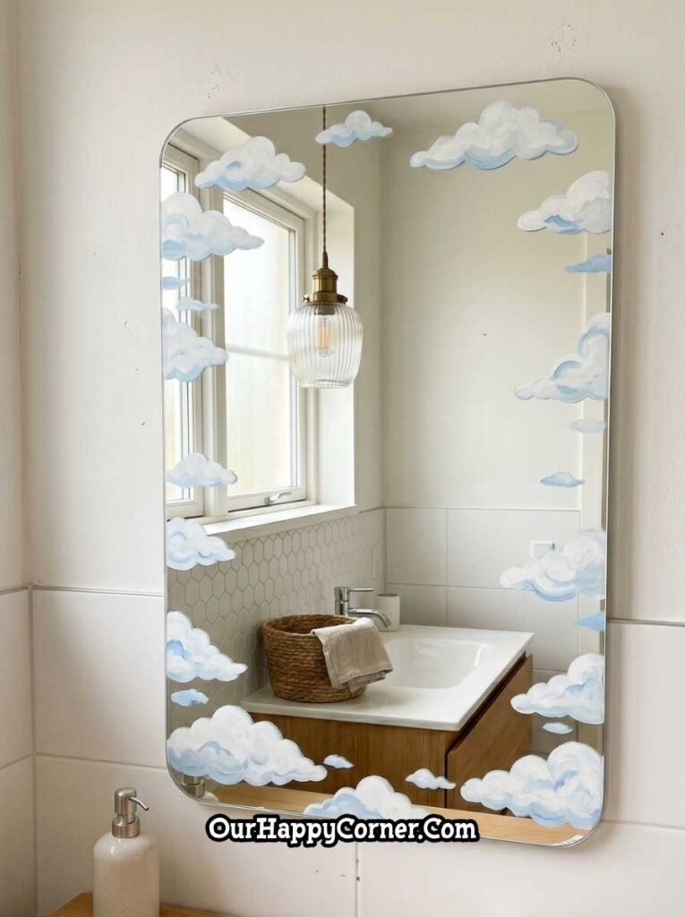 Rectangular bathroom mirror painted with soft blue and white fluffy clouds scattered across the surface