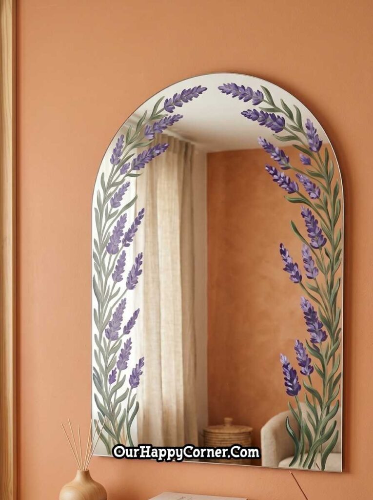 Arched mirror painted with tall purple lavender stems and green leaves running along both sides of the frame