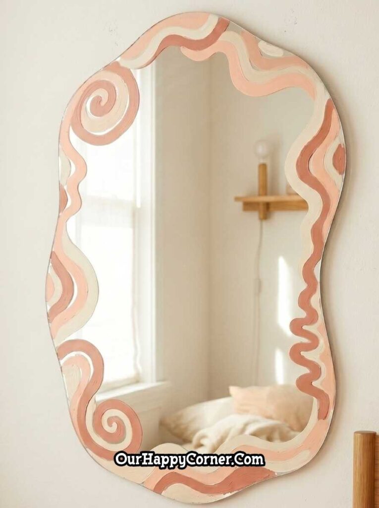 Wavy-edged mirror painted with peachy pink and cream swirls and spiral patterns across the irregular frame