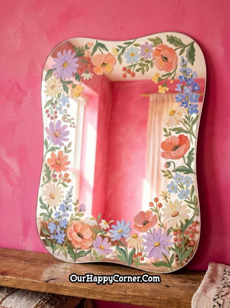 Rectangular wavy-edged mirror painting with a full border of colorful wildflowers including poppies, daisies, and forget-me-nots