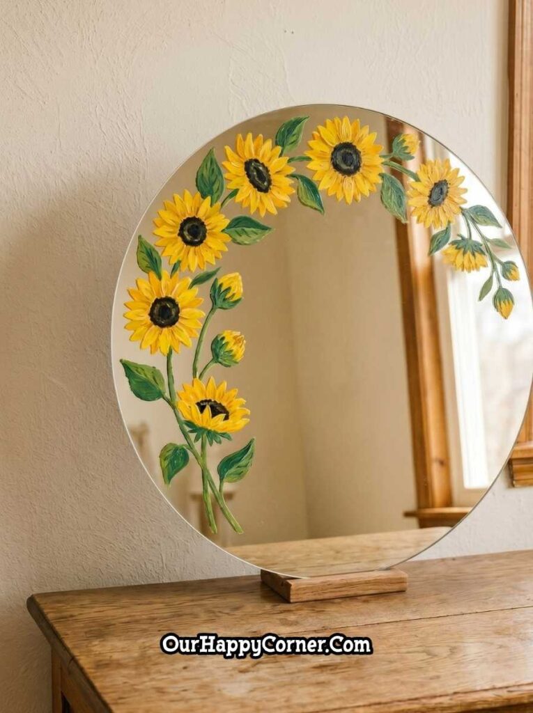 Round circular mirror painted with bold yellow sunflowers and green leaves arranged along the left side and top