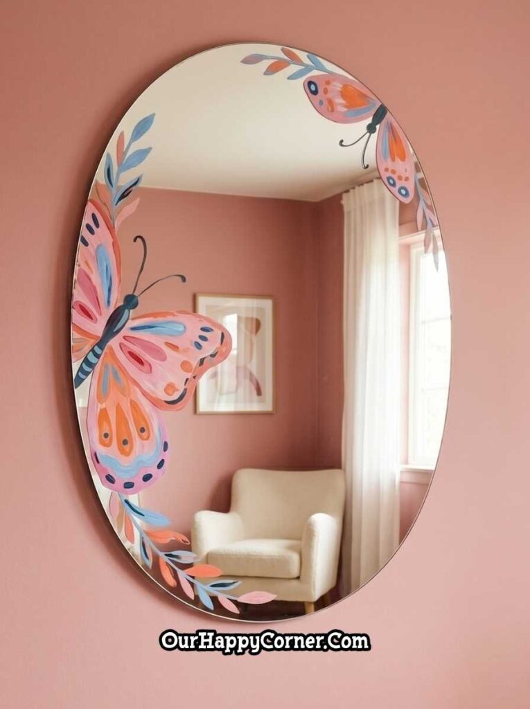 Oval mirror painted with large colorful butterflies in pink, orange, and blue with decorative leaf sprigs