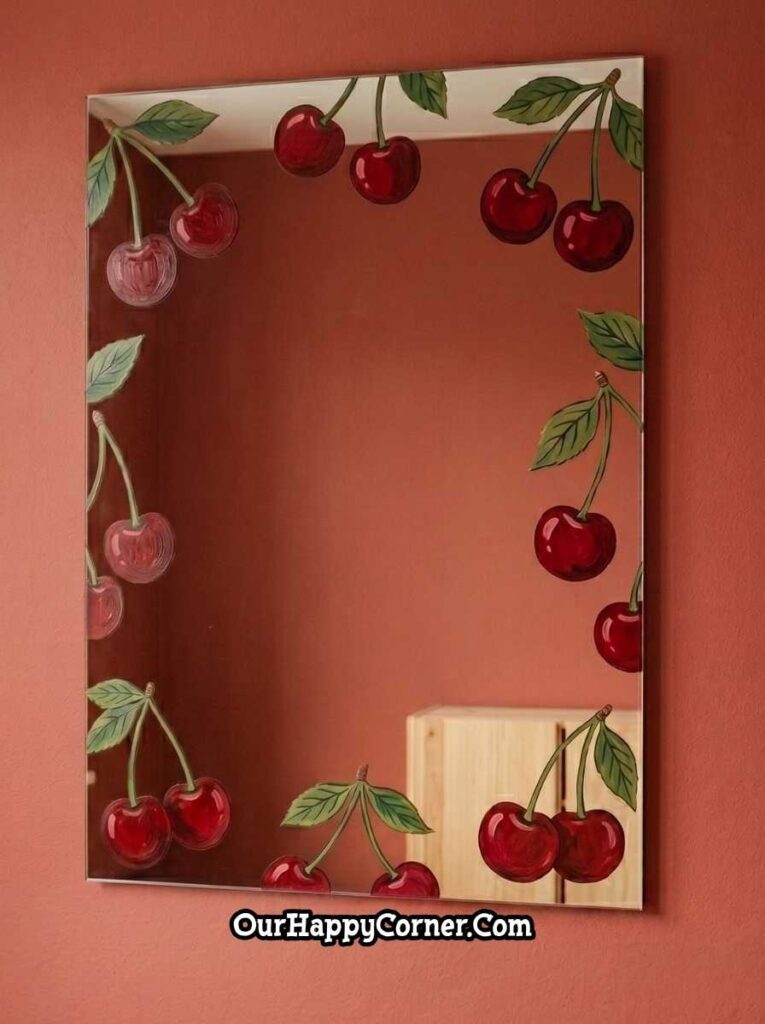 Bold red cherries, green leaves, and stems scattered around all four edges