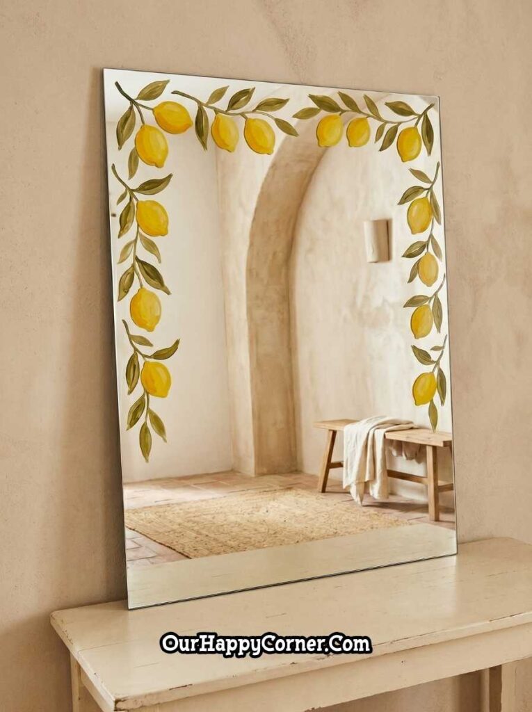 A garland of yellow lemons and olive green leaves along the top and both side