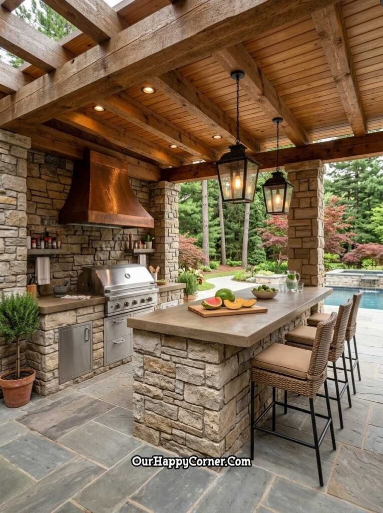 Rustic stone outdoor kitchen with copper hood and wood pergola
