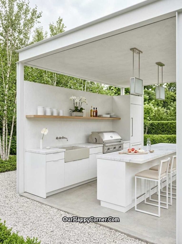 Minimalist white barbeque place under a steel pergola
