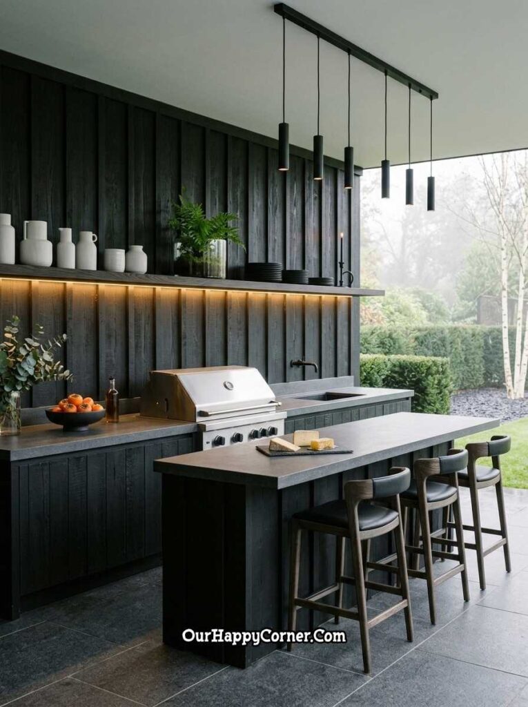 Dark charred wood barbeque place with LED shelf lighting and island
