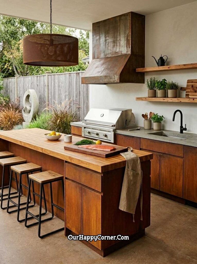 Warm teak and concrete barbeque place with butcher block island
