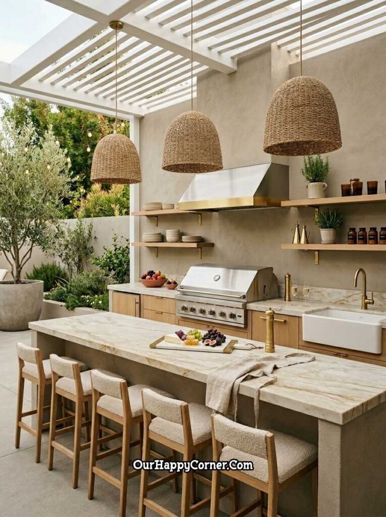 Sand plaster and brass barbeque place with woven rattan pendants
