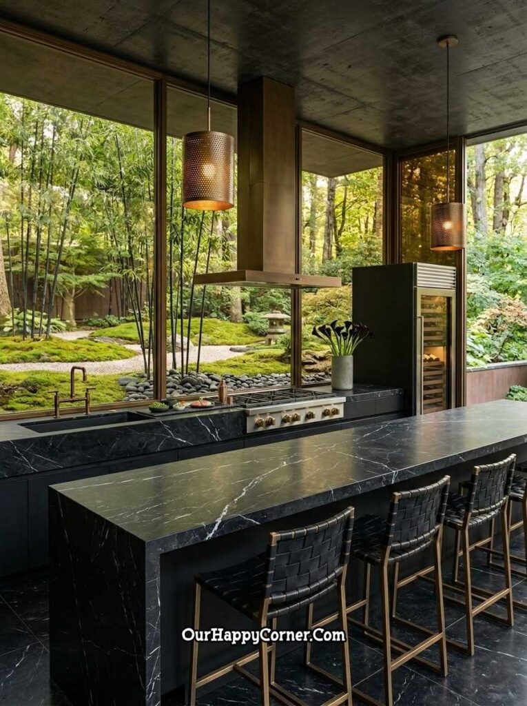 Japanese-inspired luxury outdoor kitchen with black marble and garden view
