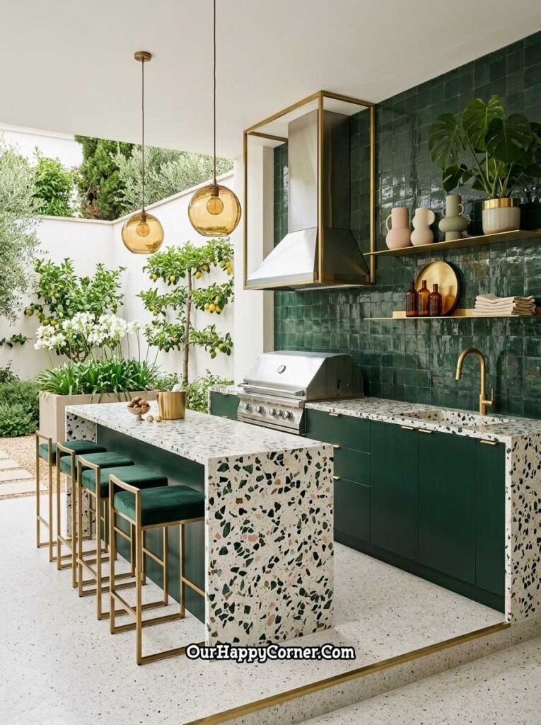 Emerald green and terrazzo outdoor kitchen with gold accents
