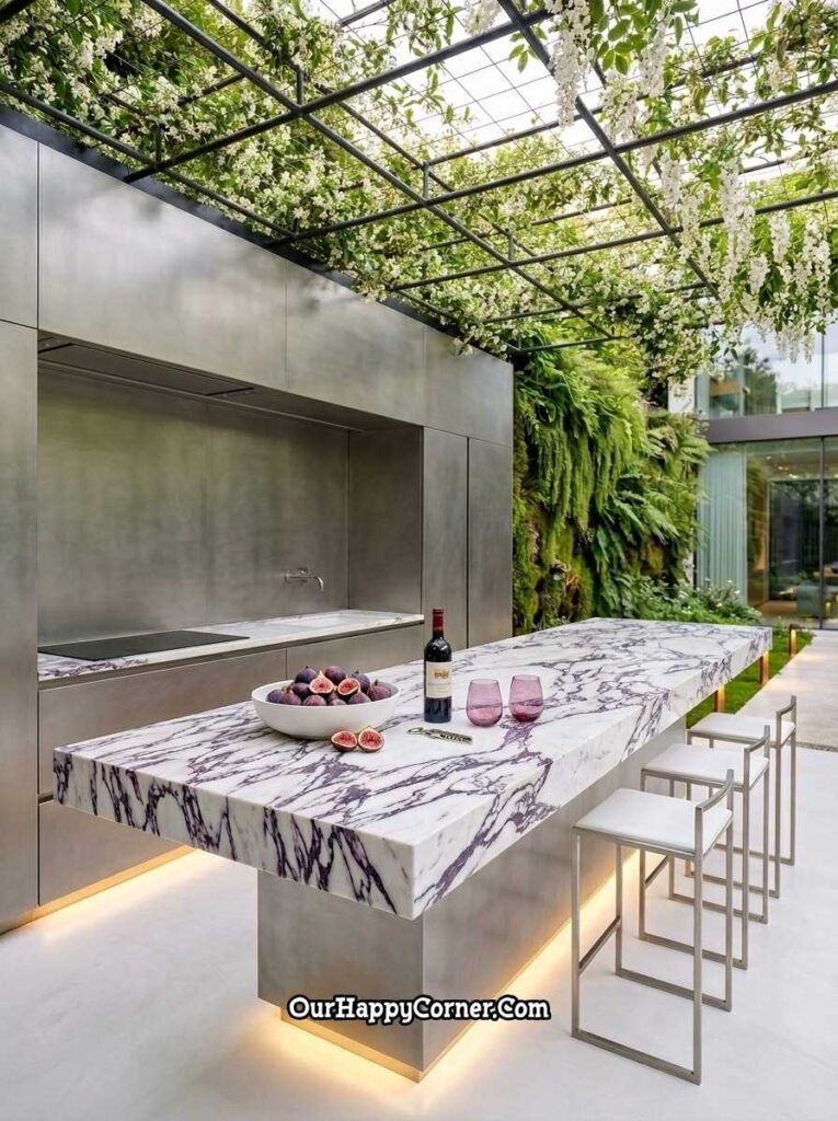 Marble island barbeque place under a steel wisteria-covered pergola
