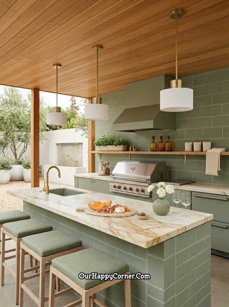 Sage green outdoor kitchen with warm wood ceiling and brass hardware
