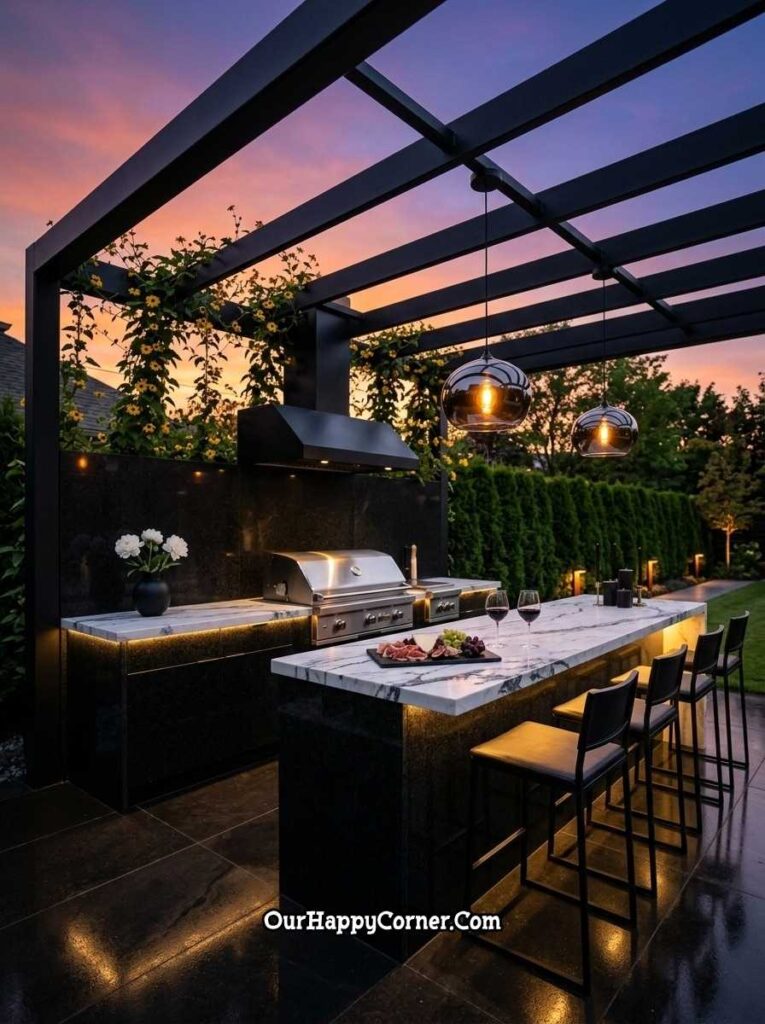 Nighttime barbeque place under a black pergola at sunset