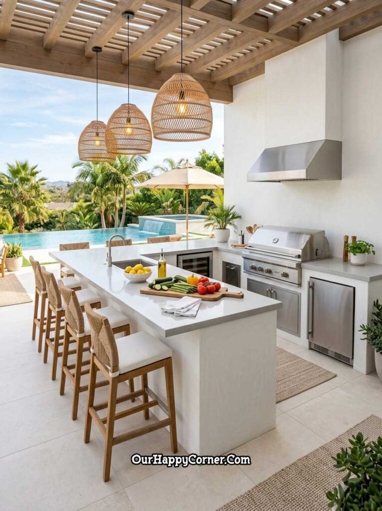 White outdoor kitchen with rattan pendants and pool view

