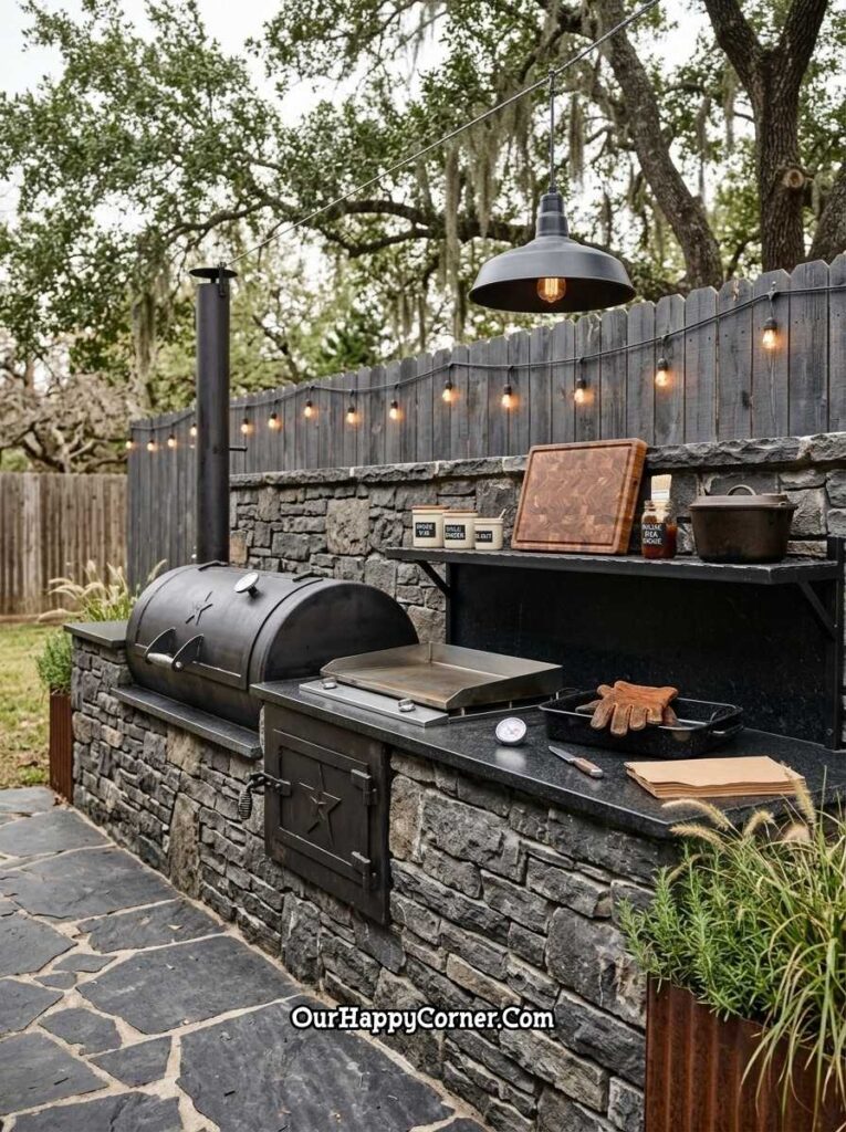 Dark stone BBQ kitchen with barrel smoker and string lights
