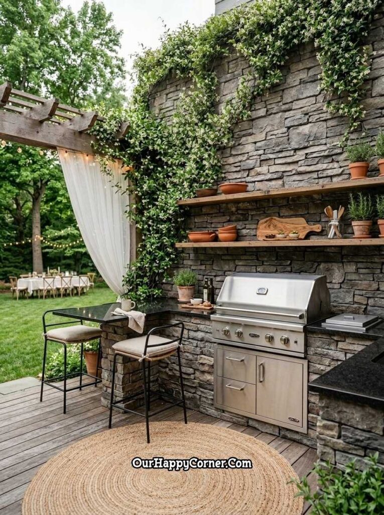 Garden cottage kitchen on a wooden deck with climbing vines
