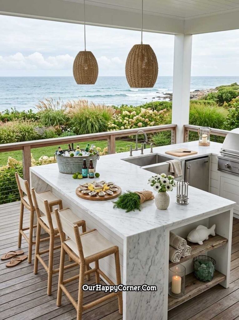 Coastal outdoor kitchen with marble island and ocean view
