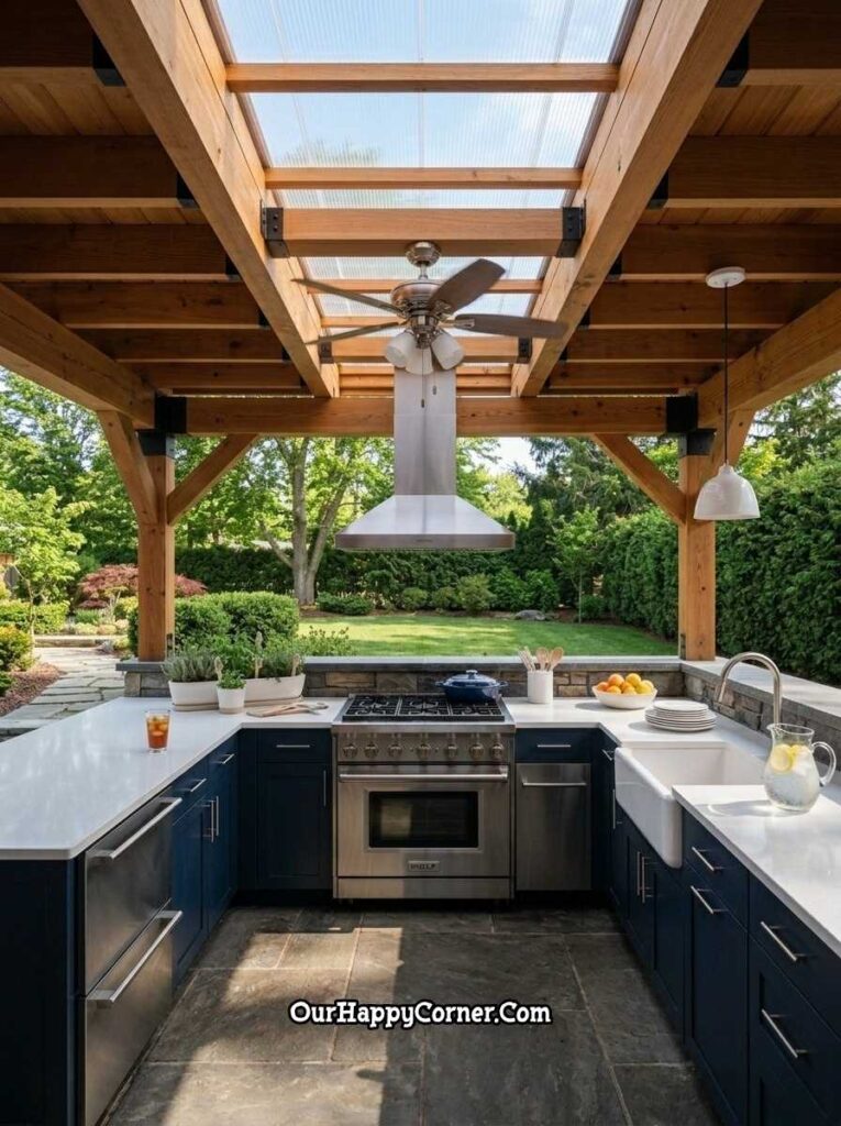 Navy blue outdoor kitchen with skylight pergola and ceiling fan
