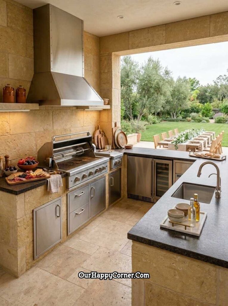 Mediterranean travertine outdoor kitchen with garden dining view

