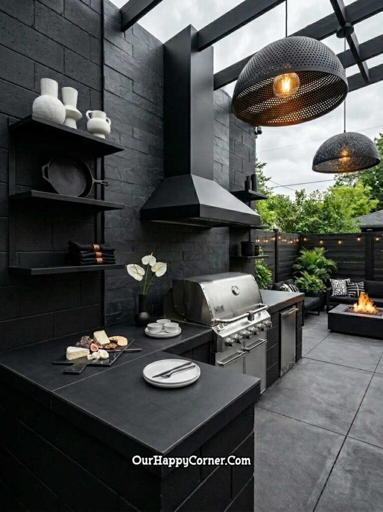 All-black kitchen with perforated pendant lights and fire pit
