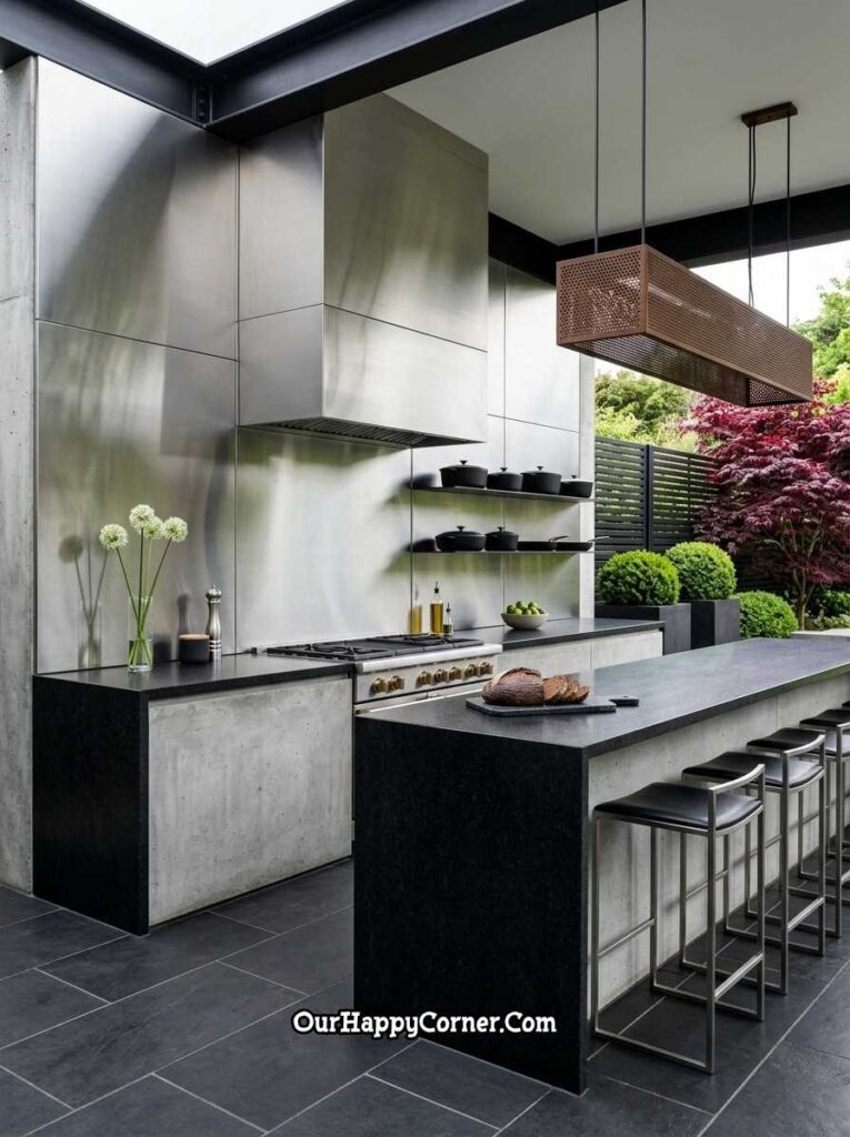 Industrial concrete and steel outside kitchen with bar island seating
