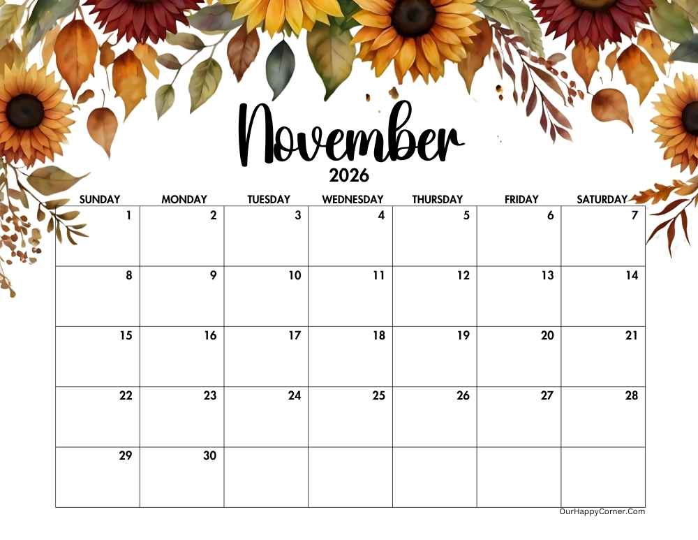 Autumn horizontal calendar printable