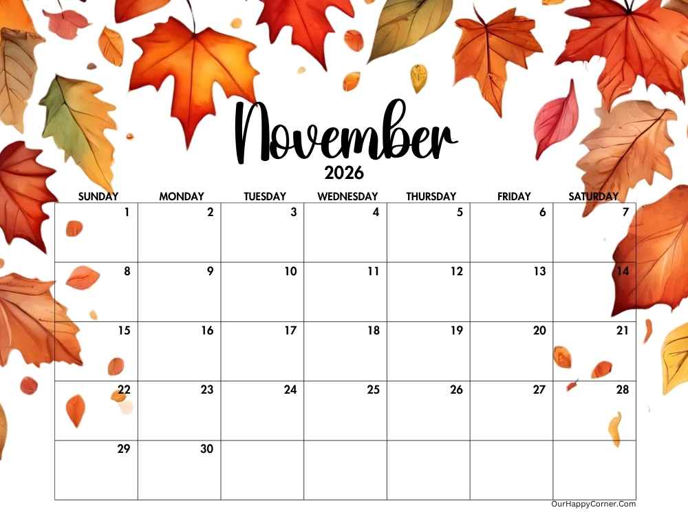 Autumn horizontal calendar printable