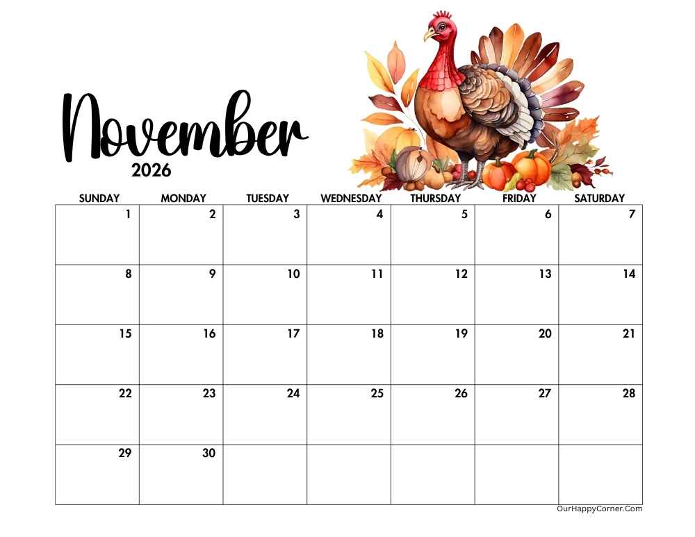 Autumn horizontal calendar printable