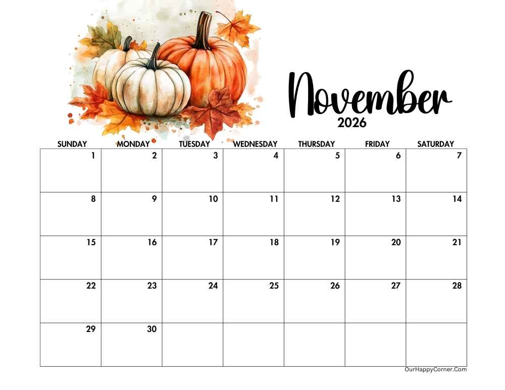 Autumn horizontal calendar printable