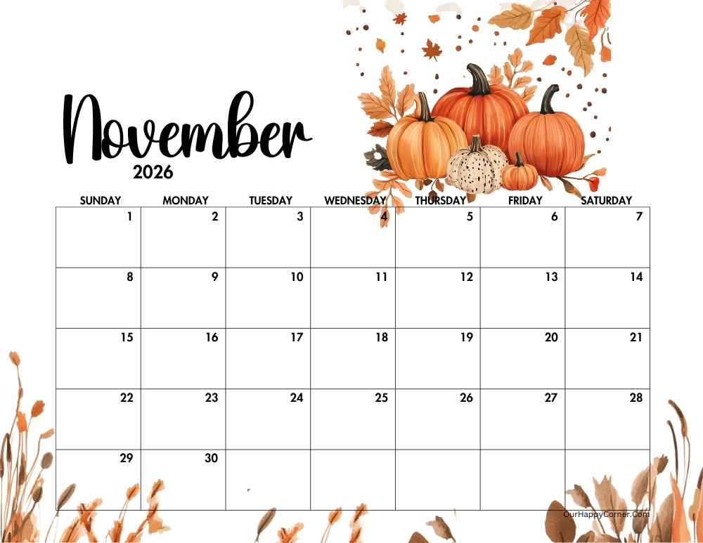 Autumn horizontal calendar printable